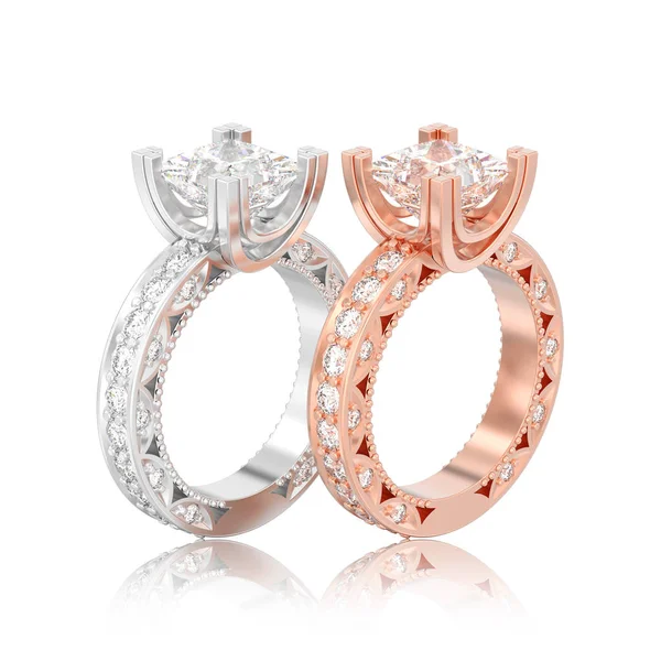 Ilustración 3D aislado dos diamantes de oro rosa y plata participar — Foto de Stock