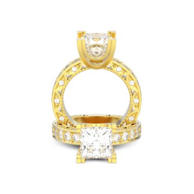 iki altın pırlanta nişan dekoratif 3D illüstrasyon izole 