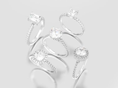 3D çizim beş farklı gümüş dekoratif elmas yüzük 