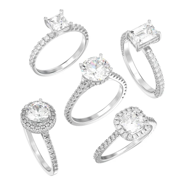 beş farklı gümüş dekoratif diamon 3D illüstrasyon izole