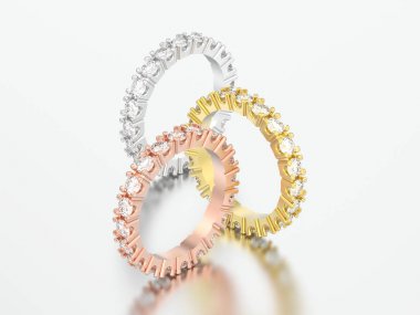 3D resimde üç farklı altın sonsuzluk bant elmas yüzük