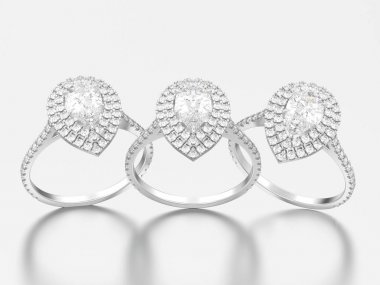 3D çizim gümüş üç dekoratif armut elmas yüzük 