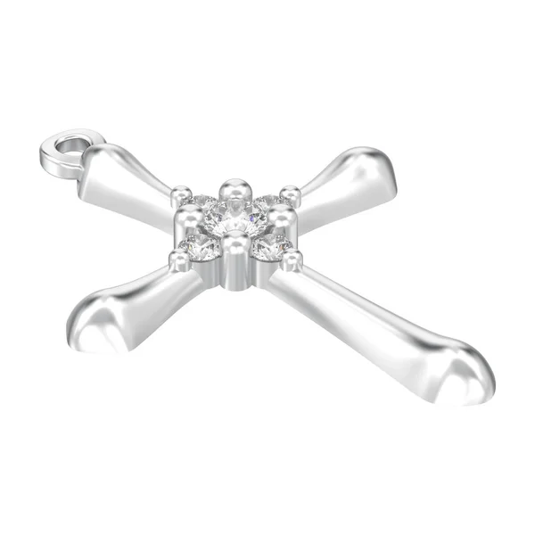 3D obrázek, samostatný stříbrný dekorativní diamond kříž přívěsek — Stock fotografie