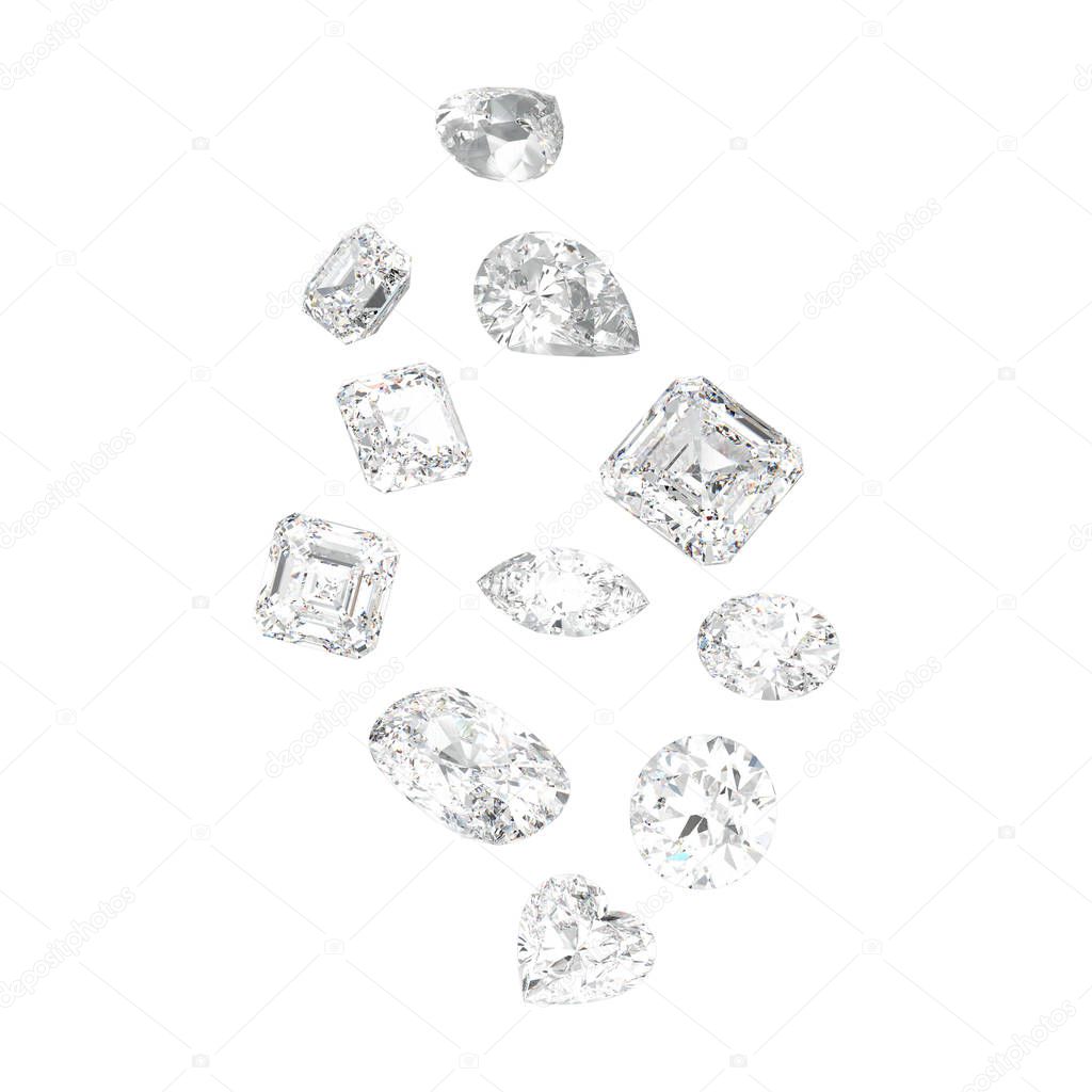 3D illustration isolated group of white different diamonds stone