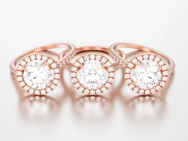 Ilustración 3D tres anillos de diamantes de compromiso de oro rosa — Foto de Stock