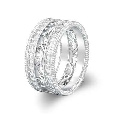 gölge beyaz bir arka plan üzerinde yüzükle süs 3D illüstrasyon izole gümüş dekoratif oyulmuş