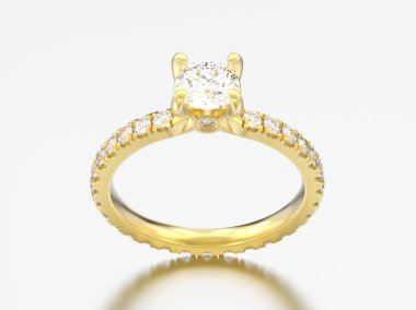 3D resimde altın nişan düğün elmas yüzüğü gri bir arka plan üzerinde