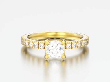 3D resimde altın nişan düğün elmas yüzüğü gri bir arka plan üzerinde