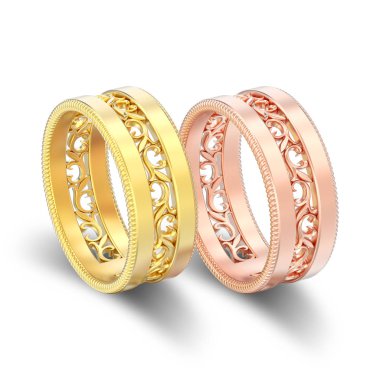 İki Gül ve sarı Dekoratif süsleme yüzük beyaz zemin üzerine gölge ile oyulmuş altın 3D illüstrasyon izole