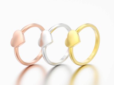 3d resimde üç farklı altın nişan düğün gri bir arka plan üzerinde kalp yüzük