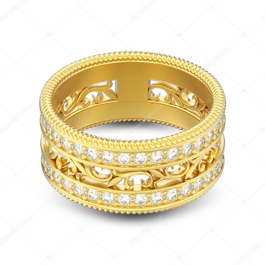 3D illustration isolated gold decorative carved out ornament ring with shadow on a white background