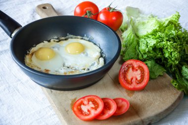 İki kızarmış yumurta tava yakın çekim.