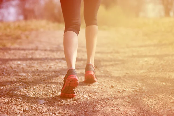 Koşan ayaklar yolda, ayakkabıya yakın gidiyor. Kadın Fitness Sunrise Jog Spor Sağlık Konsepti.