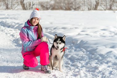 Genç bir kadın evcil hayvanıyla kış ormanında yürüyor. Mavi gözlü, iri yapılı, Sibiryalı köpeğin arkadaşı..