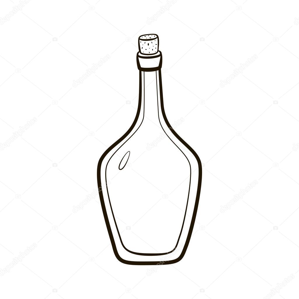 Empty vintage bottle icon. Hand drawing contour illustration on white background