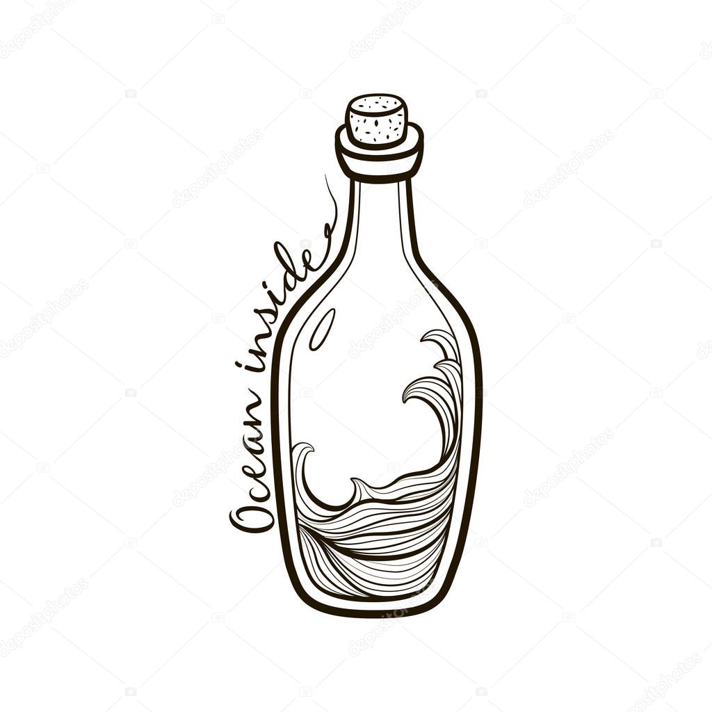 Old fashioned  vintage bottle with ocean inside on white background