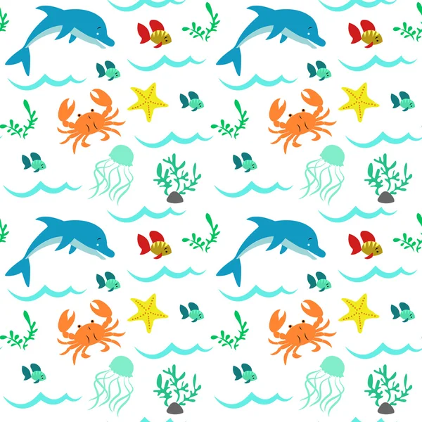 Vzor bezešvé s mořskými živly, delfín, krab, mořské řasy, hvězda, ryby, vlna. — Stockový vektor