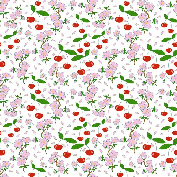 Seamless pattern of Japanese cherry blossoms and berries — Stockový vektor