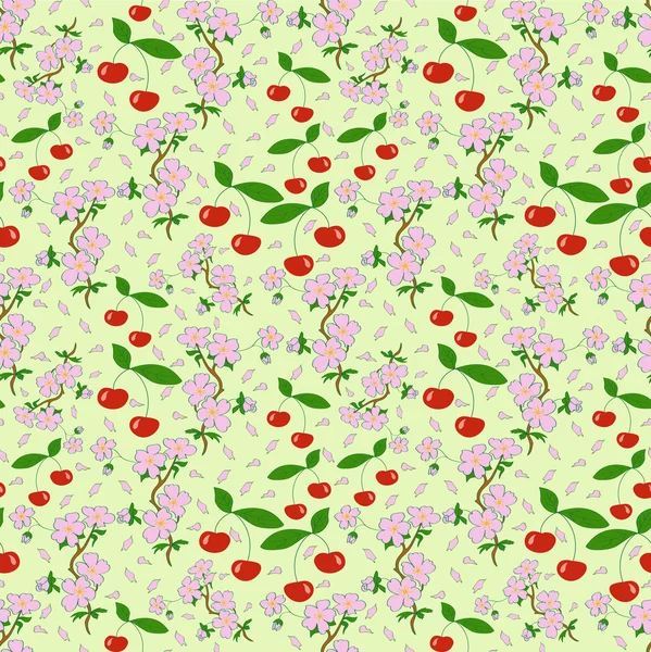 Бесшовный рисунок японских цветов вишни и ягод на светло-зеленом фоне — стоковый вектор