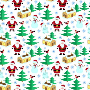 Seamless modeli. Noel tema. Ev Noel Baba, yılbaşı ağacı, kardan adam, kuş, kar tanesi, Noel Baba beyaz bir arka plan üzerinde.
