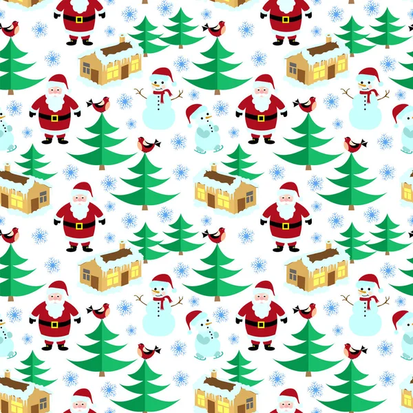 无缝模式。圣诞主题。房子圣诞老人、 圣诞树、 雪人、 鸟、 雪花，圣诞老人在白色背景上. — 图库矢量图片