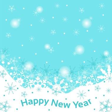 Kelime mutlu yeni yıl ile mavi bir arka plan üzerinde tebrik kartı.