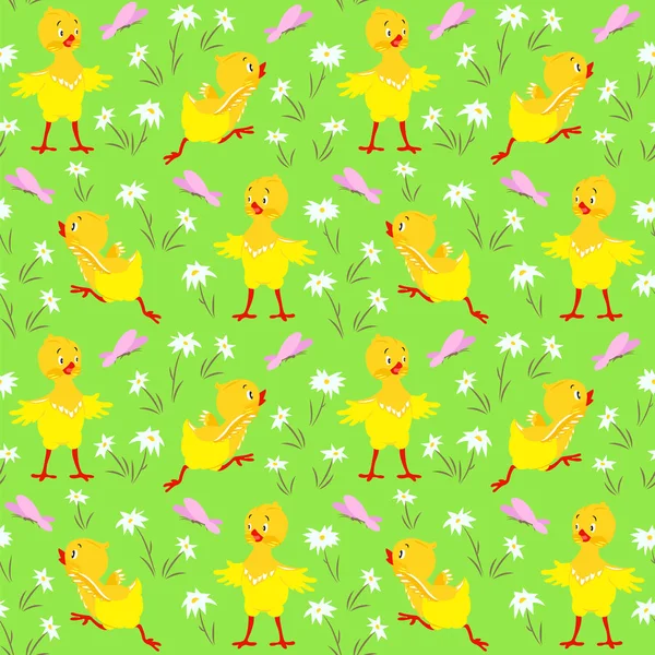 Motif sans couture avec des poulets et des papillons sur fond vert clair — Image vectorielle