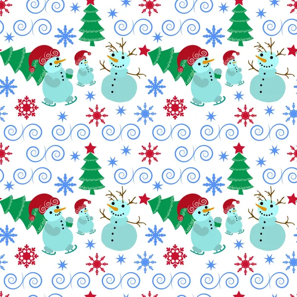 无缝模式与元素雪花雪人圣诞树. — 图库矢量图片