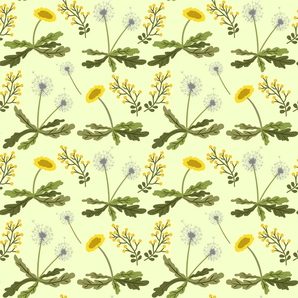 Seamless pattern with dandelions and Leontodon on the light green background.