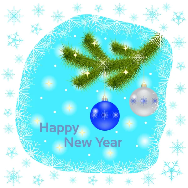 Carte de voeux avec branches de sapin, boules de Noël et texte sur fond bleu . — Image vectorielle