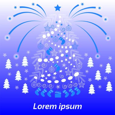 Noel kartı, afiş Noel ağacı, havai fişek ve diğer Noel öğe ve metin için yer.