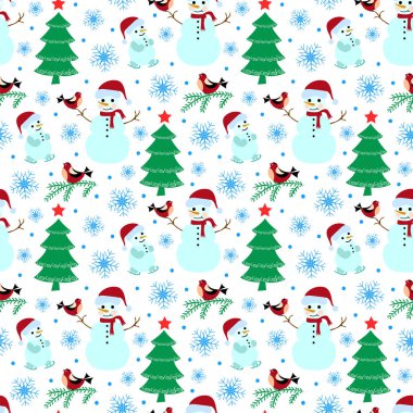  Ladin, yıldız, kar taneleri, kardan adam ve beyaz bir arka plan üzerinde bir kuş ile Noel seamless modeli.