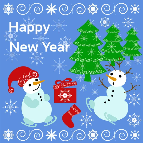 Cartão de saudação, banner com bonecos de neve de Natal, árvores de Natal em um fundo azul — Vetor de Stock