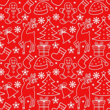 Kırmızı bir arka plan üzerinde beyaz elemanları ile Seamless Noel modeli.