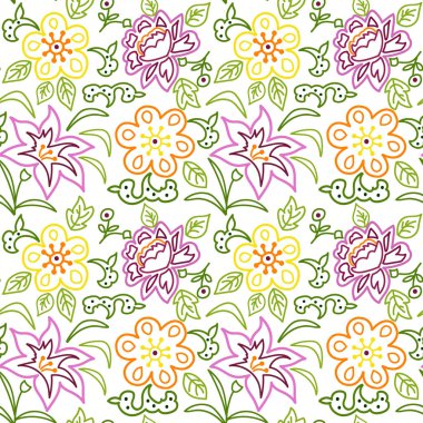 Çiçek ve yaprak beyaz bir arka plan üzerinde kıvrımlarına ile Seamless Modeli.