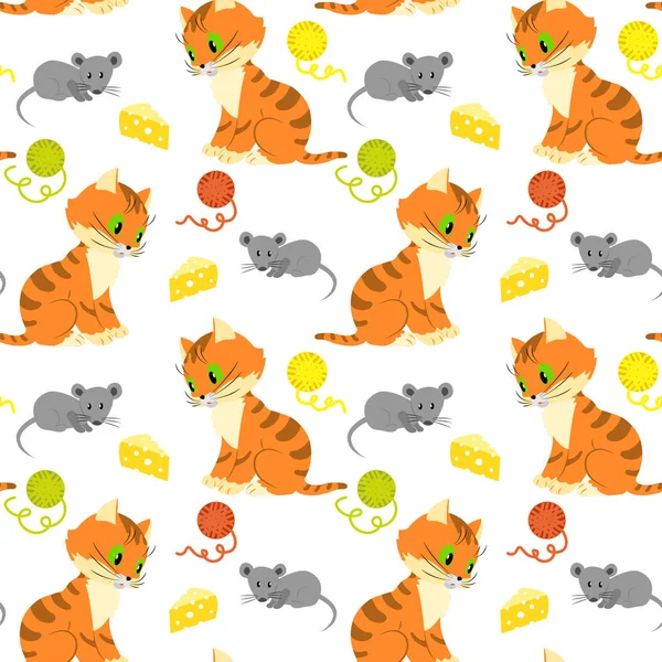 Seamless pattern with a kitten, a mouse, a ball of thread and cheese on white background. — Stock Vector