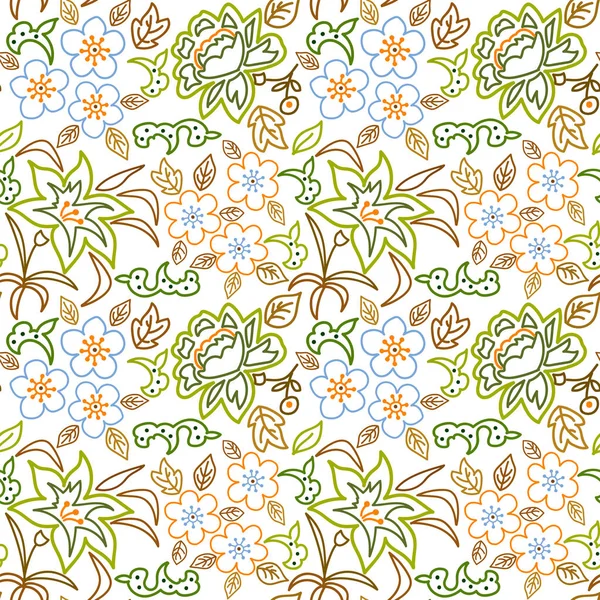 Patrón sin costuras con flores y hojas abstractas, contornos sobre un fondo blanco . — Vector de stock