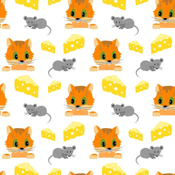 Motif sans couture avec chat, souris et fromage sur fond blanc . — Image vectorielle