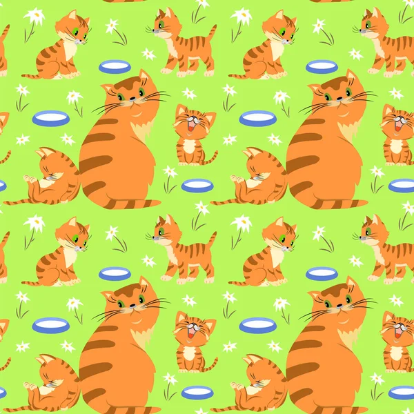 Modèle sans couture avec famille de chat, lait, fleurs sur fond vert clair . — Image vectorielle