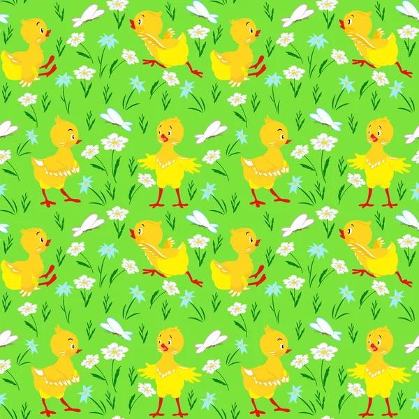 鶏、蝶や明るい緑の背景に草原の花のシームレス パターン. — ストックベクタ