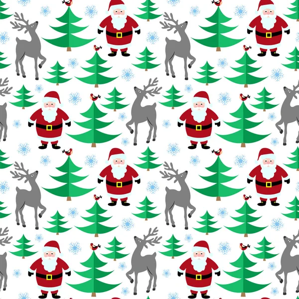 圣诞驯鹿，圣诞老人和圣诞树白色背景上的无缝模式. — 图库矢量图片