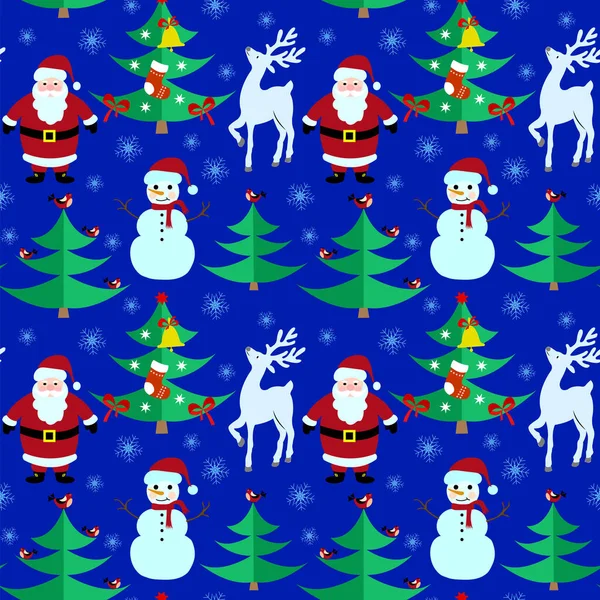 无缝模式与圣诞树、 圣诞老人、 雪人和驯鹿在蓝色的背景. — 图库矢量图片