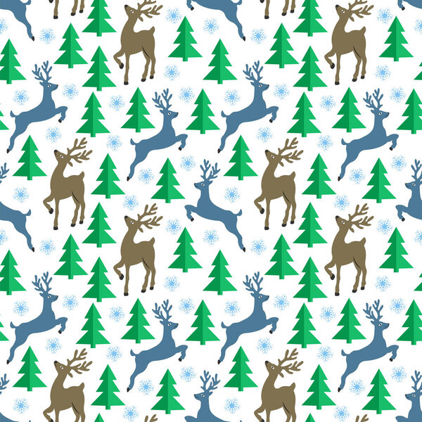 Бесшовный узор с северными оленями в зимнем лесу
