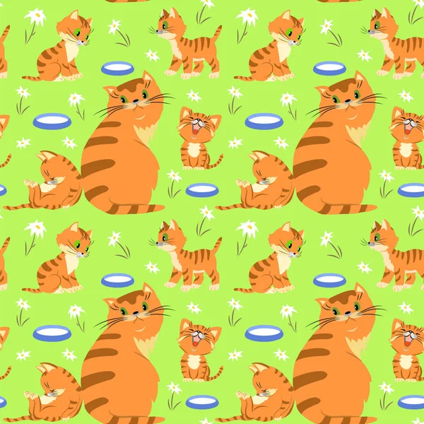 Seamless pattern with cat family, milk, flowers on light green background. Royalty Free Stock Illustrations