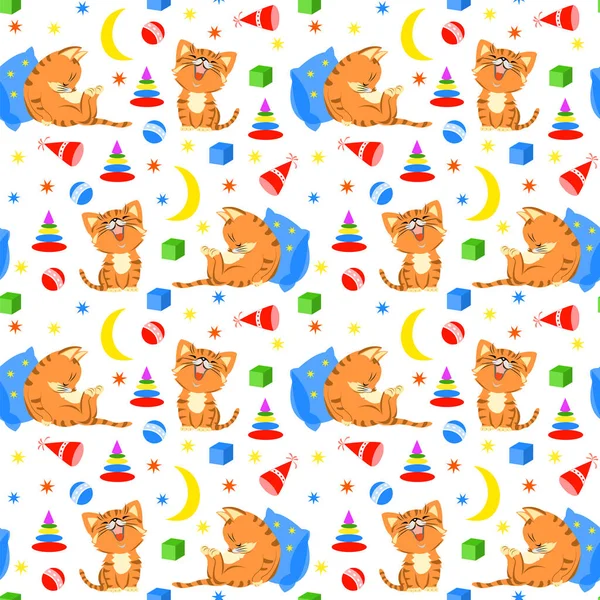 Seamless pattern with sleeping cats and children's toys.