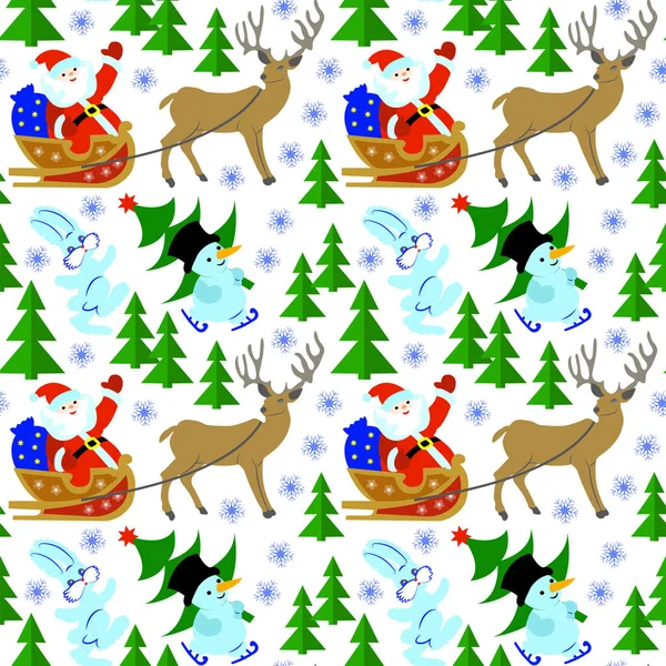 Patrón sin costuras con Santa en un trineo, renos, muñeco de nieve, árbol de Navidad y una liebre . — Archivo Imágenes Vectoriales