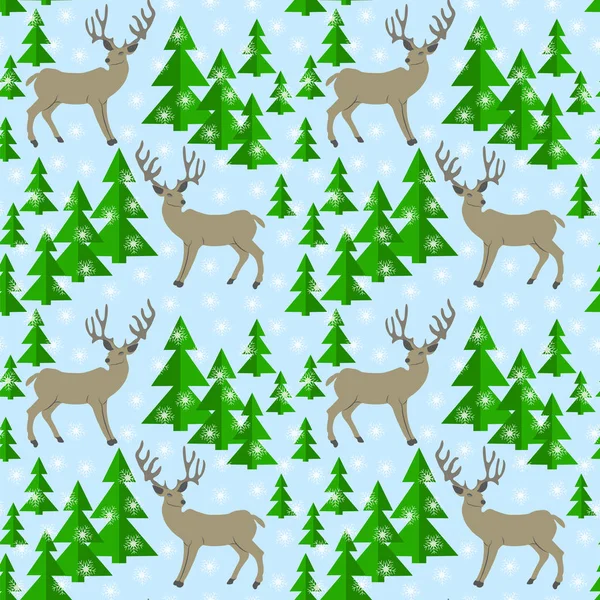 无缝模式与驯鹿、 圣诞树和雪花在蓝色的背景. — 图库矢量图片