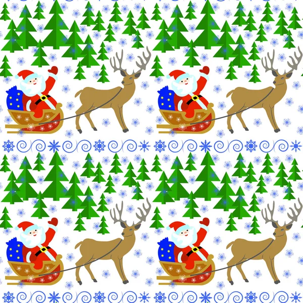 Modello senza cuciture con Babbo Natale in una slitta con renne nella foresta invernale — Vettoriale Stock