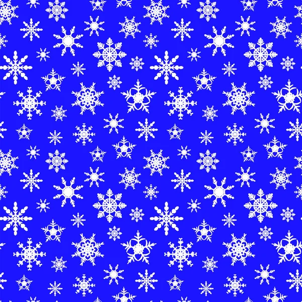 Patrón sin costuras con copos de nieve blancos sobre un fondo azul . — Vector de stock