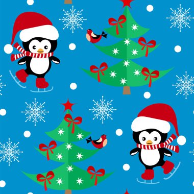 Noel penguenlerle seamless modeli süslenmiş Noel ağacı ve mavi bir arka plan üzerinde kar taneleri